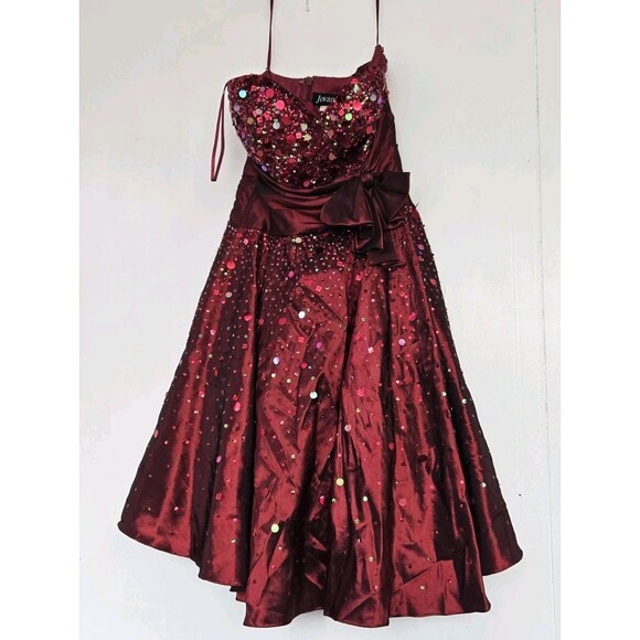 VTG Jovani Gown Dress Womens 6 Beaded Sequin Lace Burgundy Bow Y2K Prom Event